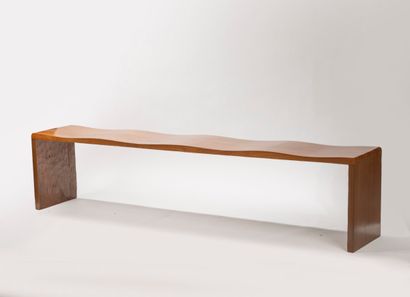 Pair of teak benches with four seats, wave-shaped...