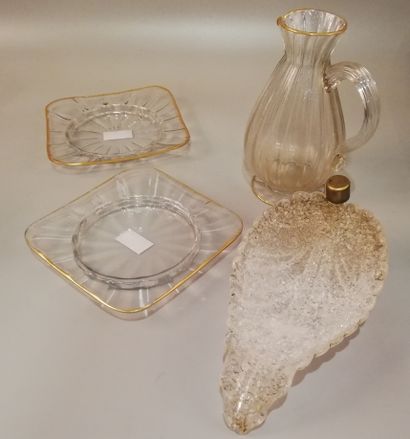 DAUM 
Glass decanter and two cups with gold...
