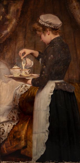  Alphonse Jules DEBAENE (XIX-XXe siècle) 
Le service du thé 
Huile sur toile 
Signée...