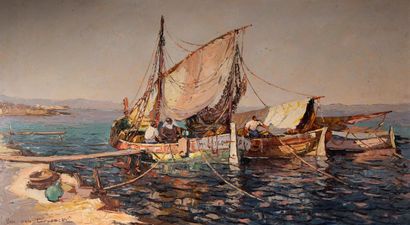  Fernand VAN DEN BUSSCHE (1892-1975) Three Boats on a Mediterranean Shore Oil on...
