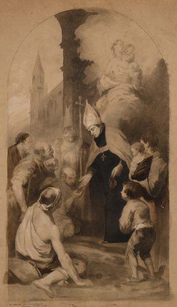 null École française du XIXe siècle, d’après Murillo

Saint Thomas de Villanova

Fusain,...