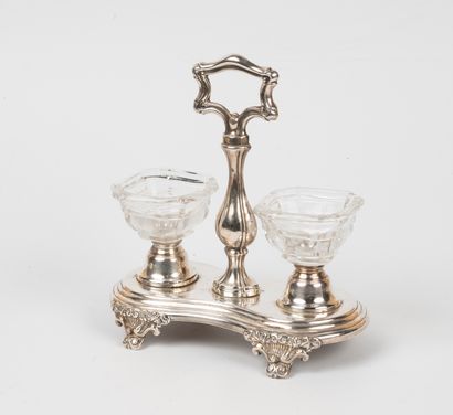 Salt cellar in silver plated metal and glass,...