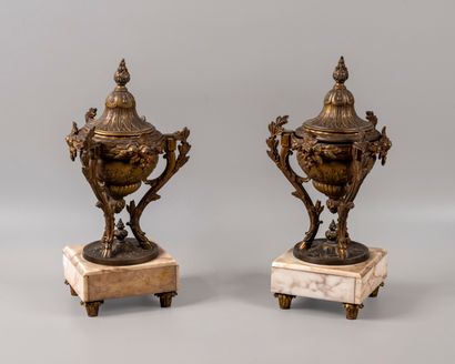 Two cassolettes, brass, Napoleon III style....