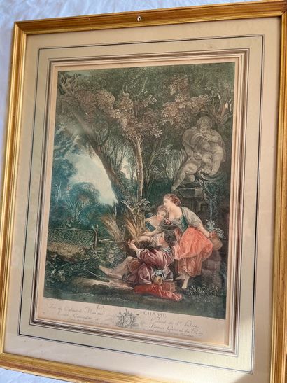 Pair of romantic engravings : Hunting and...