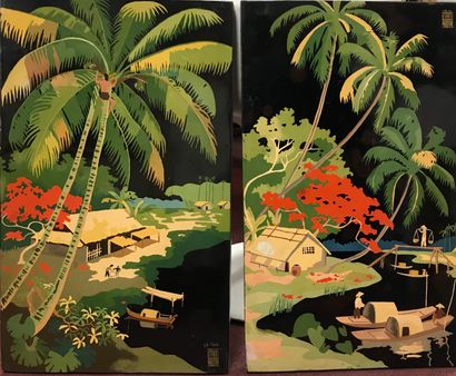  Paysage vietnamien 
Paire de laques sur panneau, signé NAM QUANG, 1949