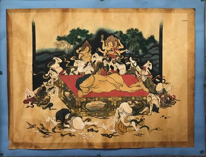  JAPON 
La mort du dieu Phallus 
Dessin aquarelle érotique 
66,5 x 89 cm