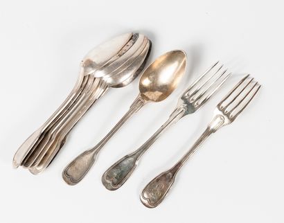 Set of three spoons and two forks in silver,...