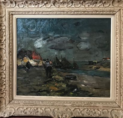  Abel BERTRAM 
Paysage en bord de mer, de nuit 
Huile sur toile, signée en bas à...