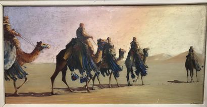  Ecole orientaliste 
Caravane dans le désert 
huile sur isorel, signée en bas à droite...
