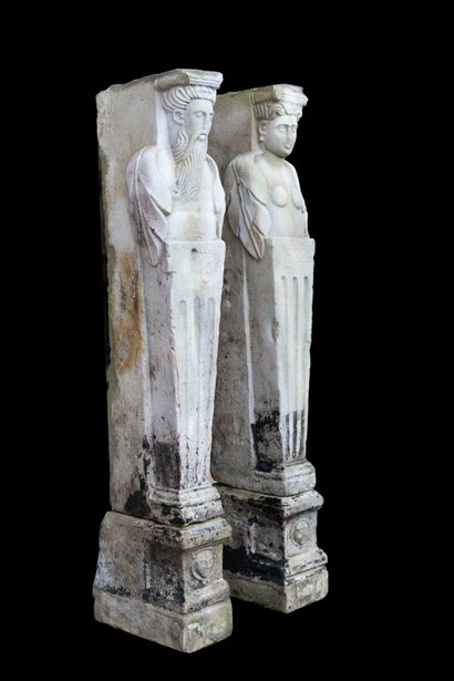  Terme in sheath. 
Pair of mantel jambs with the image of a man and a woman in Terme....