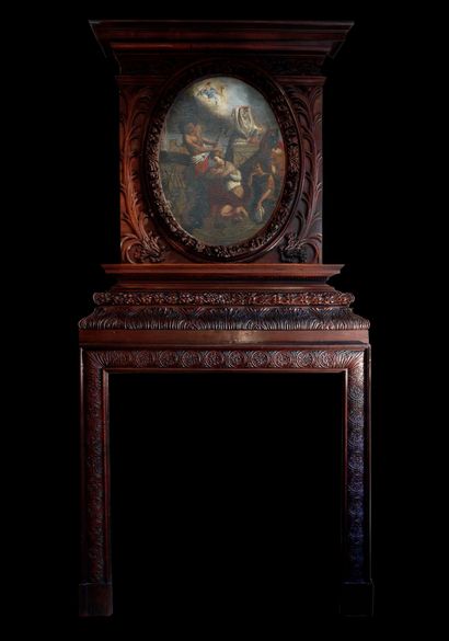  Louis 14 mantel. 
Monumental trumeau decorated with an oil on canvas of oval shape...