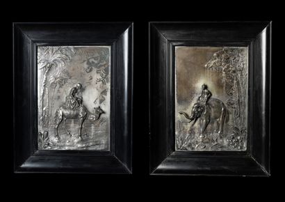 Pair of paintings. 
One depicting a man riding...