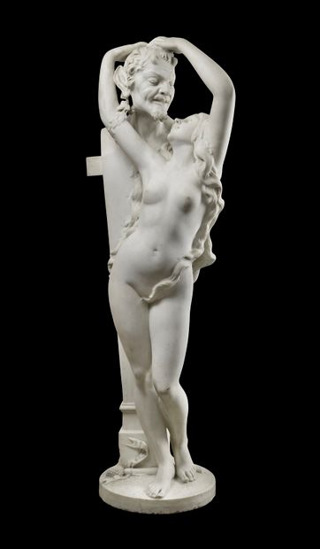 La nymphe et le satyre Sculpture en marbre, Travail vers 1900 Haut. : 157 cm 
