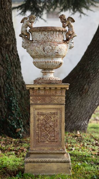  Renaissance style vase. 
The body decorated with handles with lions' heads supporting...