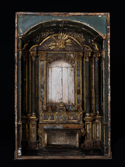  Autel Renaissance. 
Œuvre de compagnon ou miniature d'un intérieur d'église Italienne....