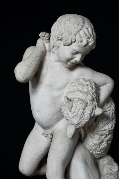  Child holding a young fox under his arm. 
Statue in beige terra cotta. 
19th century....