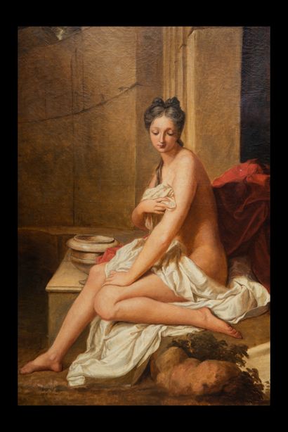  "The exit of the Bath" 
Oil on canvas. 
End of 19th century. 
Height 116 cm - Width...