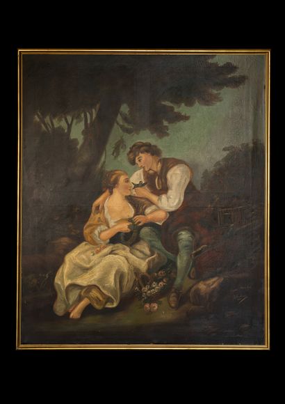  Scène romantique d'après Boucher. 
Huile sur toile montrant un couple sur fond de...