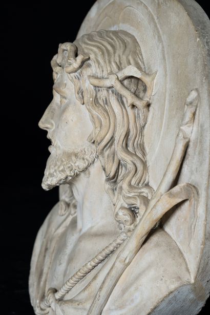  The Christ. 
High relief with the image of Jesus. He is wearing his crown of thorns,...