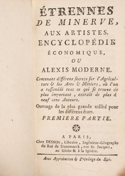  ETRENNES DE MINERVE, AUX ARTISTES. Encyclopédie économique ou Alexis moderne. Paris,...
