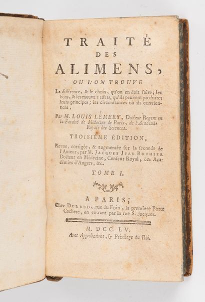  LÉMERY (Louis). Traité des aliments. Paris, Durand, 1755. 2 vol. in-12, veau marbré,...