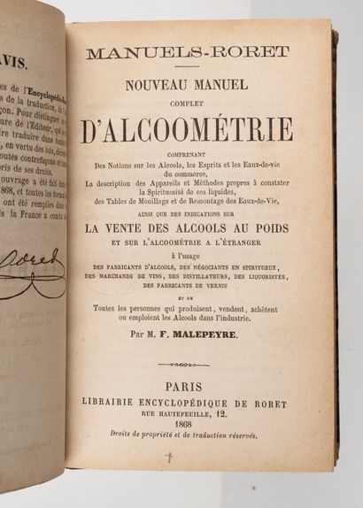  RORET. — DISTILLATION. Encyclopédie Roret. Paris, Roret. 8 vol. in-12, brochés ou...