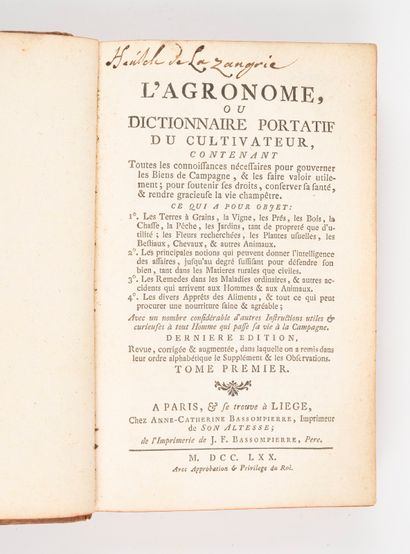  ALLETZ (Pons-Augustin)]. L'Agronome, ou Dictionnaire portatif du cultivateur. Paris,...