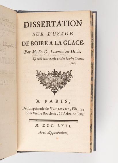  DUREY D'HARNONCOURT (Pierre)]. Dissertation sur l'usage de boire à la glace. Paris,...