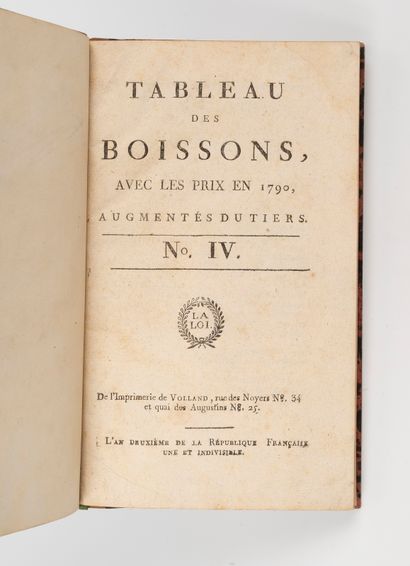  TABLEAU DES BOISSONS, avec les prix en 1790, augmentés du tiers. N° IV. Paris, Imprimerie...