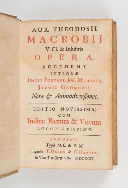  MACROBIUS (Aurelius Theodosius). Opera. Londres, Tho. Dring and Car. Harper, 1694....