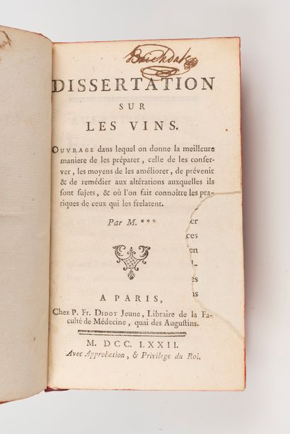  PLAIGNE (Chevalier de)]. Dissertation sur les vins. Paris, P. Fr. Didot, 1772. In-12,...