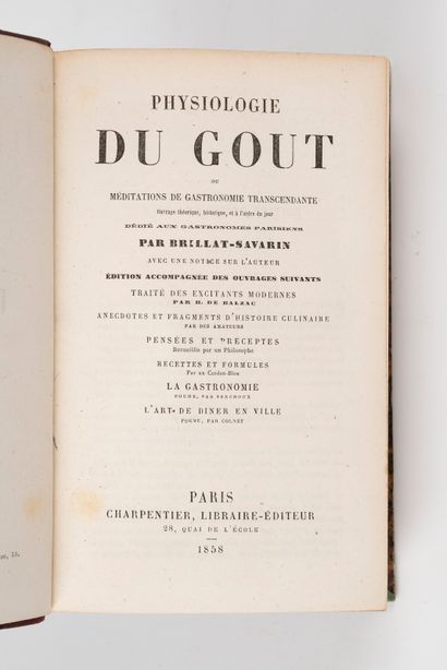  BRILLAT-SAVARIN. Physiologie du goût. Paris, Charpentier, 1858. In-12, demi-maroquin...