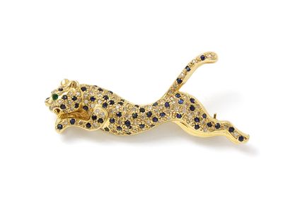 null Brooch in gold 585 thousandths, stylizing a panther in full jump, the body entirely...