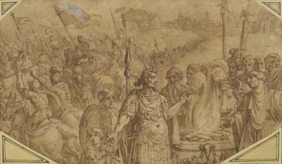 Ecole ITALIENNE vers 1600 Empereur romain devant le champ de bataille (Mucius Scevola?)...