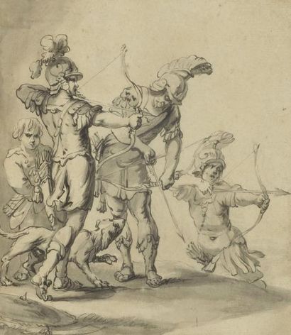 Ecole ITALIENNE du XVIIIe siècle Archers tendant leurs arcs Plume et lavis gris....