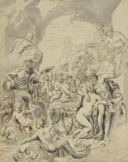 Ecole ITALIENNE du XVIIIe siècle Le festin des dieux Plume et lavis gris. 28,5 x...