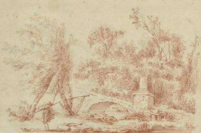 Pierre-Adrien PARIS (Besançon 1745 - Besançon 1819) Paysage à la rivière animé d'un...