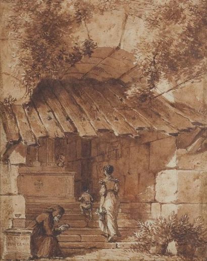 Victor Jean NICOLLE (1754-1826), attribué à Vers l'autel Plume et lavis d'encre....