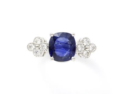 null Ring in white gold 750 thousandths adorned with a cushion-cut sapphire in claw-set...