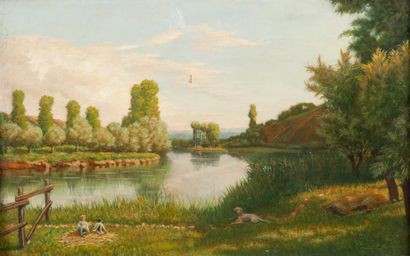  ex 2732-2 Edmond Yon (1836-1907?), Paysage à la rivière. Toile. Signé en bas à droite...