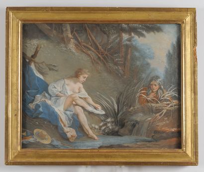  Ecole française vers 1800, d'après François BOUCHER 
Jeune femme au bain surprise...