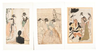 Utamaro Trois oban tate-e l'un jeune femme tenant un faucon rehaussé d'un samourai...