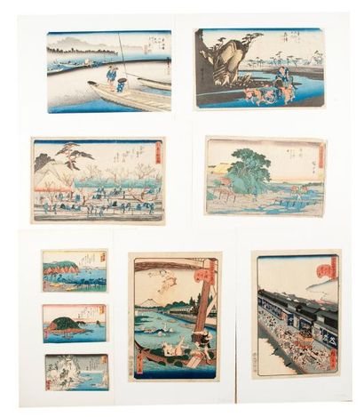 null Lot de dix estampes dont: Hiroshige cinq oban et 3 petites estampes dont «Endroits...