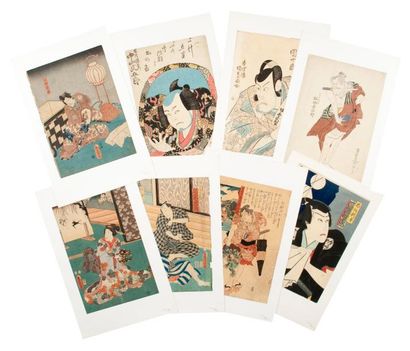 Kunisada-Toyokuni III Lot de 11 estampes oban tate-e dont parties de triptyques acteurs....