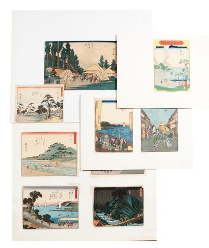 null Lot de dix estampes dont HIROSHIGE Edo Meisho deux oban Yoko-e (accidents) «Petit...