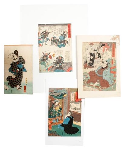 KUNIYOSHI Quatre estampes dont trois oban tate-e Une de la série des «69 stations...