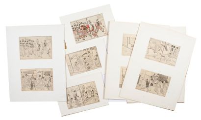 null Lot de dix-neuf doubles pages de livre et neuf pages d'après Hokusai Utamaro...