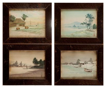 null Ensemble de quatre aquarelles représentant des paysages lacustres animés d'embarcations...