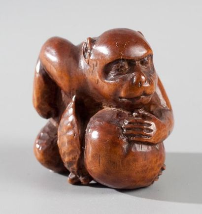 null Netsuke en buis représentant un singe assis enlaçant un kaki. Japon période...