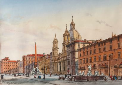 null D'après Enrico NARDI (1864-1947)
Vue de la Place Navonne à Rome
Plume et aquarelle...